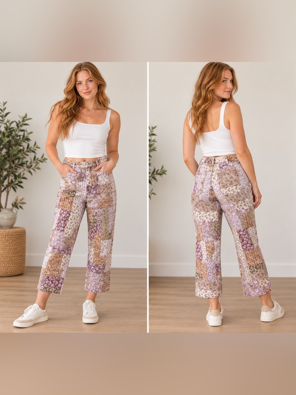 Pilcro Patchwork Floral Pants in Lavender & Cream call out needs button. Roamer
